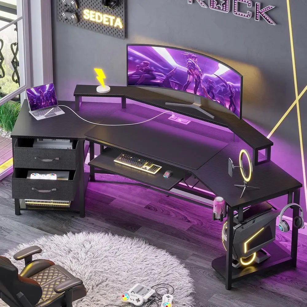 Modern L Shaped Gaming Desk With Led Lighting And Storage